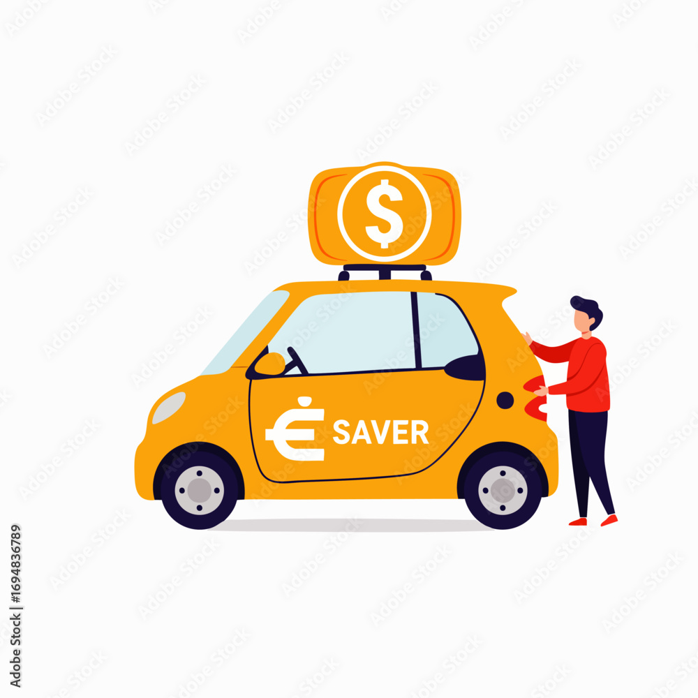Fototapeta premium A person stands by a compact yellow car with a dollar sign, symbolizing smart, budget-friendly vehicle options and economical transportation.