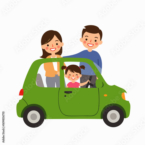 A happy family is ready for their journey in an economical green car, representing smart choices for budget-friendly transportation and reliable pre-owned vehicles.
