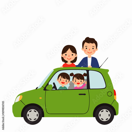 A cheerful family of four, featuring parents and two children, enjoys a pleasant journey in their compact green car, symbolizing accessible and dependable travel.