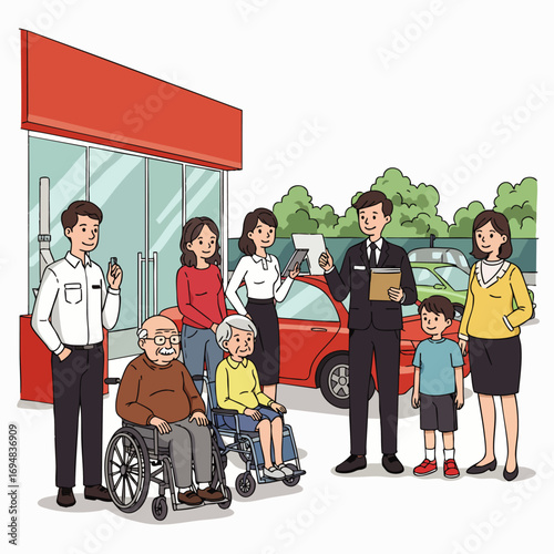 A diverse family group consults with a friendly salesman at a local dealership, exploring affordable and reliable pre-owned vehicle options.