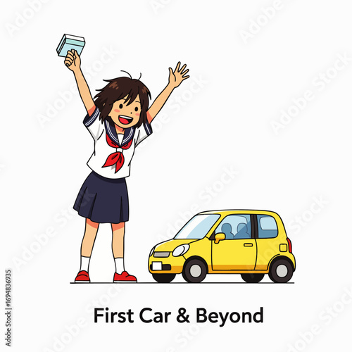 An excited young schoolgirl joyfully celebrates receiving her first affordable, reliable used car, symbolizing new independence and budget-friendly transportation.