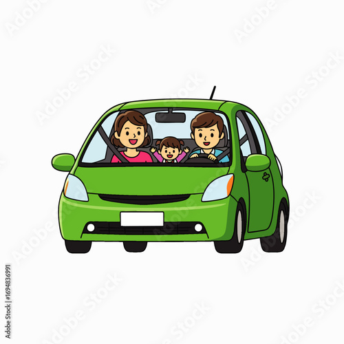 A cheerful cartoon family, including parents and their child, enjoys a happy journey in an economical green car, representing smart, affordable vehicle choices.