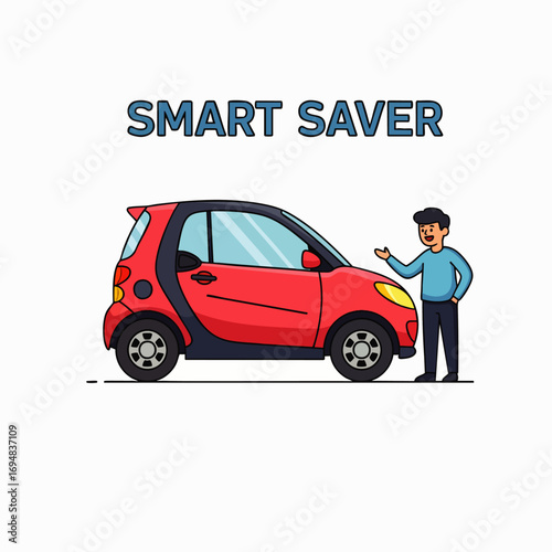 A happy man selects an affordable, fuel-efficient compact car, symbolizing smart savings and reliable transportation for new drivers or students.