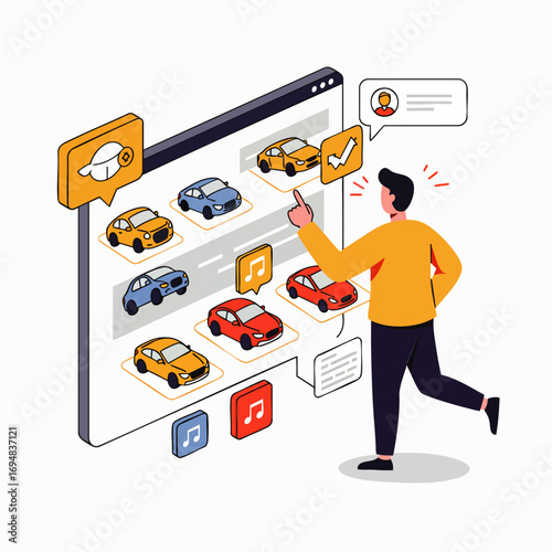 This illustration depicts a person browsing an online marketplace, seeking affordable and reliable used cars with smart, economical buying options.