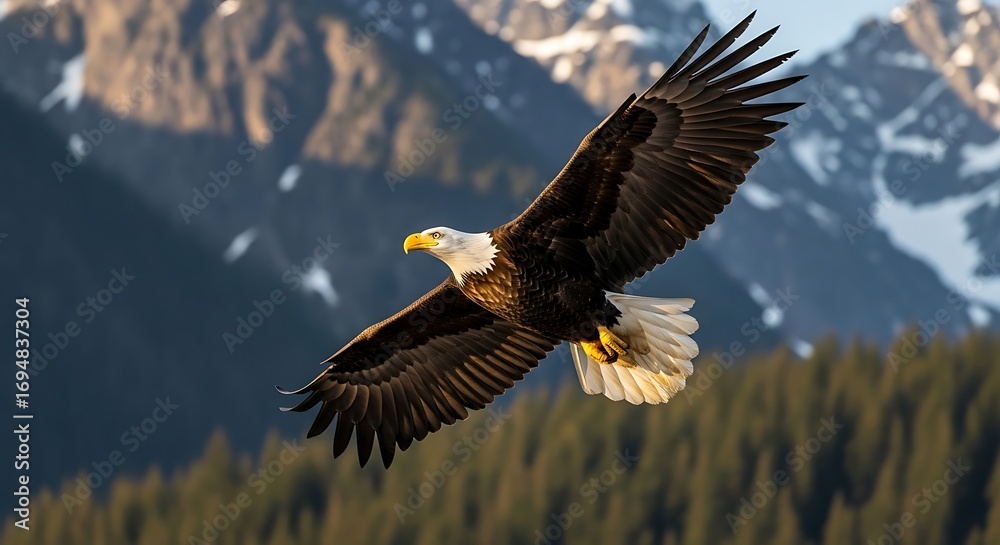 Fototapeta premium A Majestic Bald Eagle in Flight Against a Mountain Backdrop