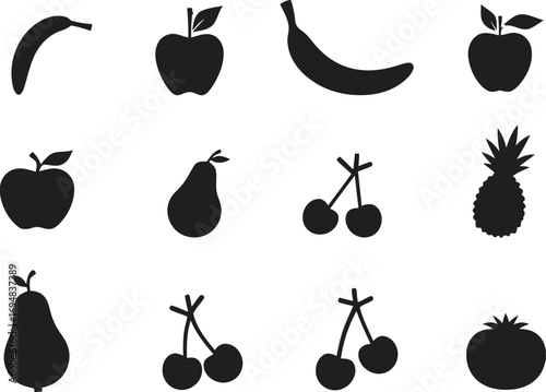 Collection of silhouetted fruits including apples bananas cherries pears pineapple tomato