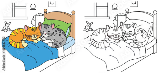Two Adorable Kittens Cuddled Up Asleep Together in a Cozy Bed - Sweet Feline Dreams
