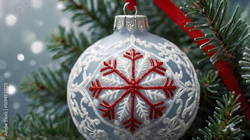 Elegant red Christmas bauble with white lace pattern hanging on a fir tree branch