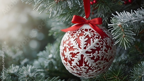 Elegant red Christmas bauble with white lace pattern hanging on a fir tree branch