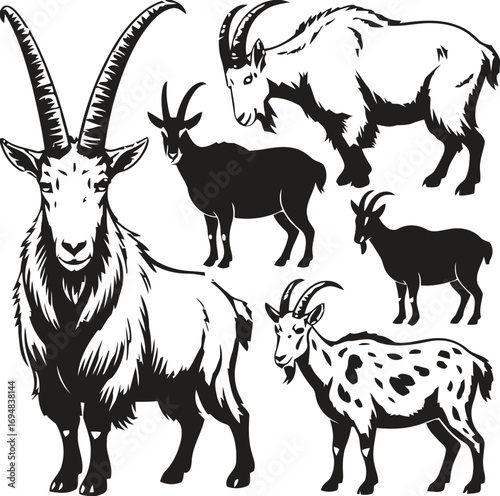 Collection of diverse goat breeds and styles in black and white illustration