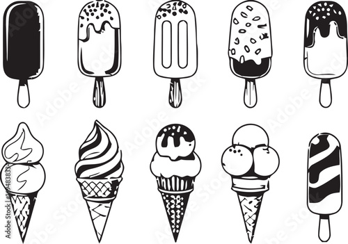 Hand drawn collection of various ice cream treats on sticks and cones