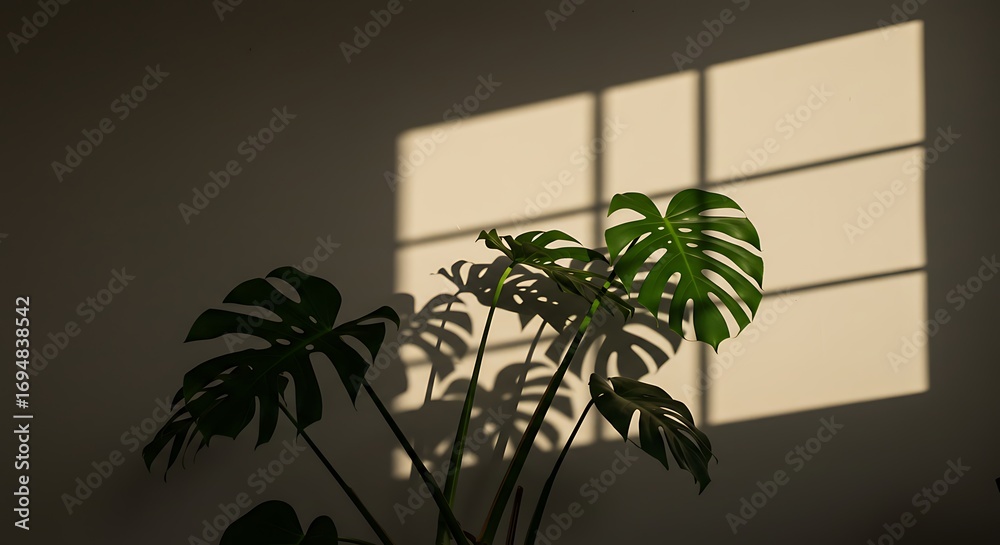Fototapeta premium Monstera plant with natural sunlight creating shadows on the wall for a modern home aesthetic,Generated Image