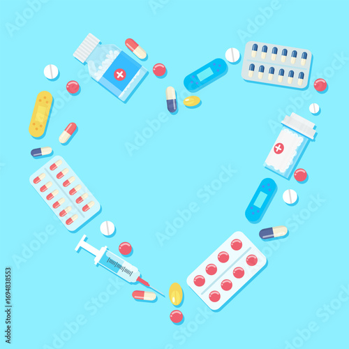 Set of pills, medicine, drugs. Painkiller Tablet, vitamine, pharmaceutical antibiotics. Medical background. Vector cartoon design.