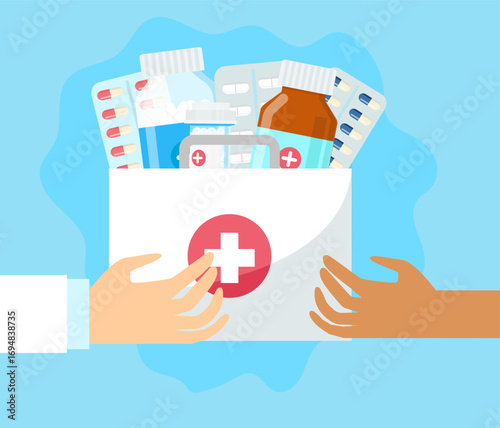 Set of pills, medicine, drugs. Painkiller Tablet, vitamine, pharmaceutical antibiotics. Medical background. Vector cartoon design.