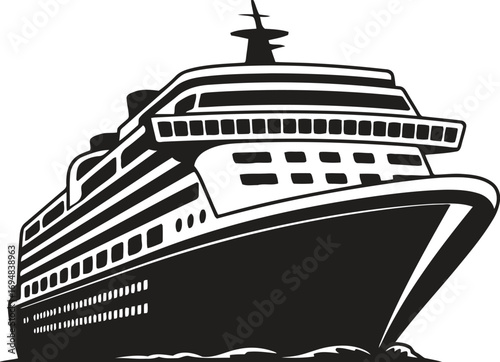 Black and white illustration of a large cruise ship sailing on the ocean