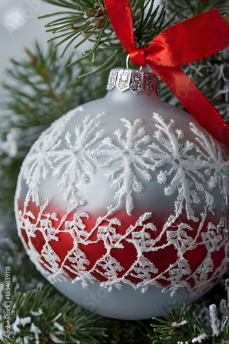 Elegant red Christmas bauble with white lace pattern hanging on a fir tree branch