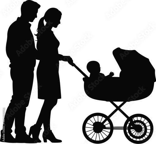 Family pushing baby stroller parents infant
