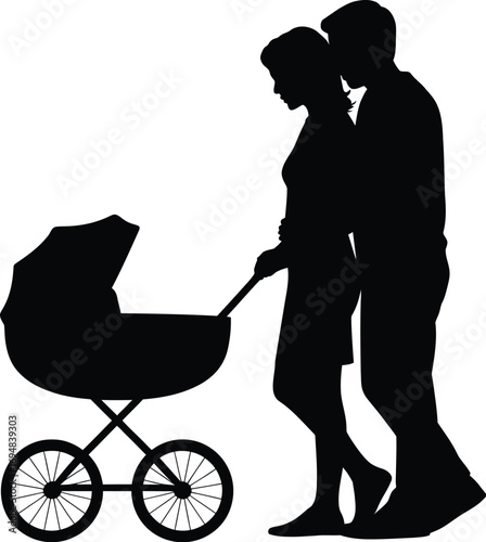 Couple pushing baby carriage silhouette parents