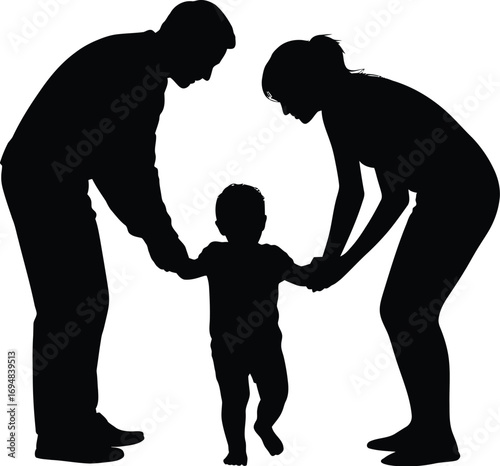 Parents guiding child's first steps family baby
