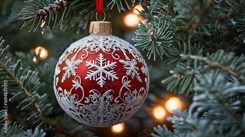 Elegant red Christmas bauble with white lace pattern hanging on a fir tree branch