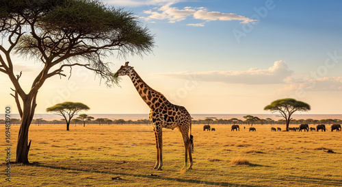 Majestic giraffe feeding under acacia tree with elephants grazing in vast savanna landscape at sunset