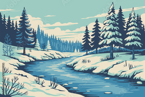 Winter Landscape with Frozen Lake Reflecting Snow-Covered Pine Trees and Calm River – Serene Nature Scene in Crisp, Cold Atmosphere
