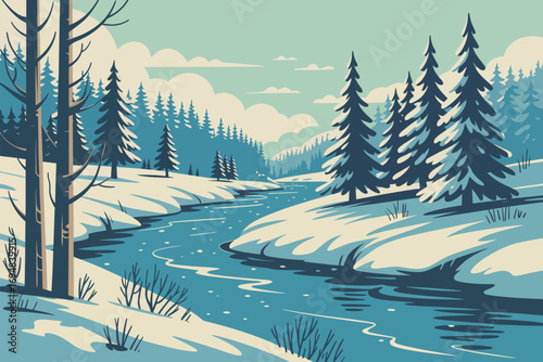 Winter Landscape with Frozen Lake Reflecting Snow-Covered Pine Trees and Calm River – Serene Nature Scene in Crisp, Cold Atmosphere