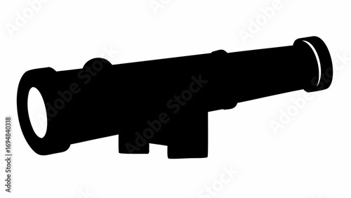 A black silhouette of a cannon with a thick barrel and a solid base on a plain white background view