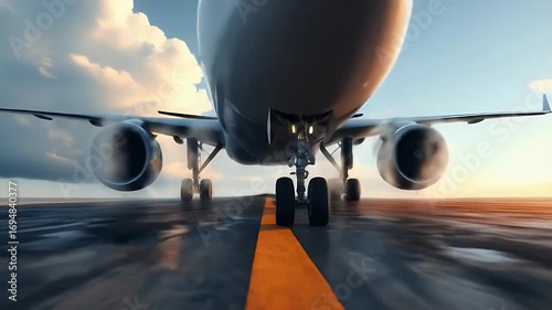 青空に浮かぶ白い飛行機が滑走路に着陸する様子 空港の滑走路で着陸準備をしている航空機