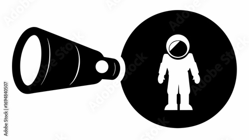 Silhouette of an astronaut in a spacesuit standing inside a black oval shape viewed through a telescope