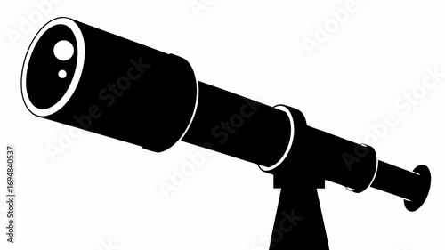 A black and white illustration of a telescope on a stand, angled upwards, with a visible lens and eyepiece silhouette