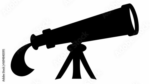 Silhouette of a telescope on a tripod with a curved object coming from the back of the telescope view