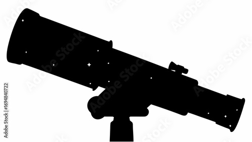 Silhouette of a telescope on a stand with visible screws and a white background in a simple design