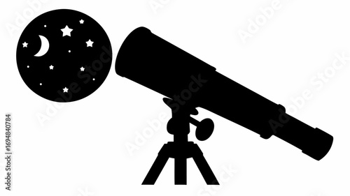 A silhouette of a telescope on a tripod pointing towards a night sky with stars and a crescent moon