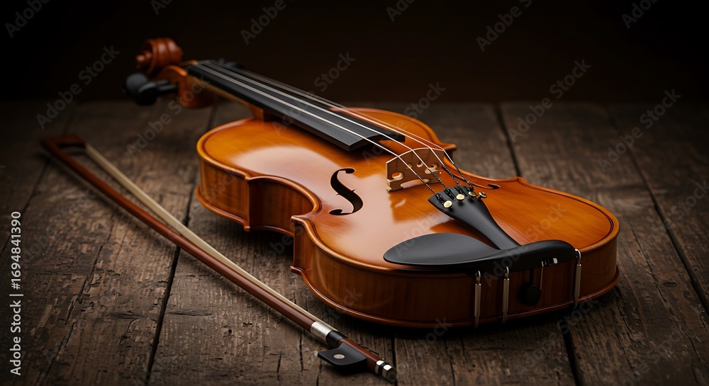 Fototapeta premium A beautifully crafted wooden violin and bow resting on a rustic wooden surface, bathed in warm, dramatic lighting.