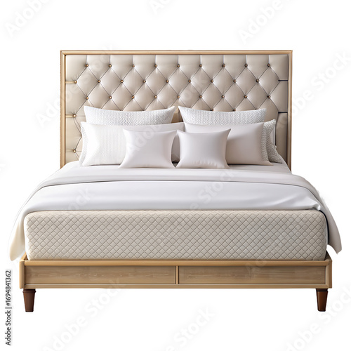 Elegant king-size bed with white bedsheets and pillows, transparent background