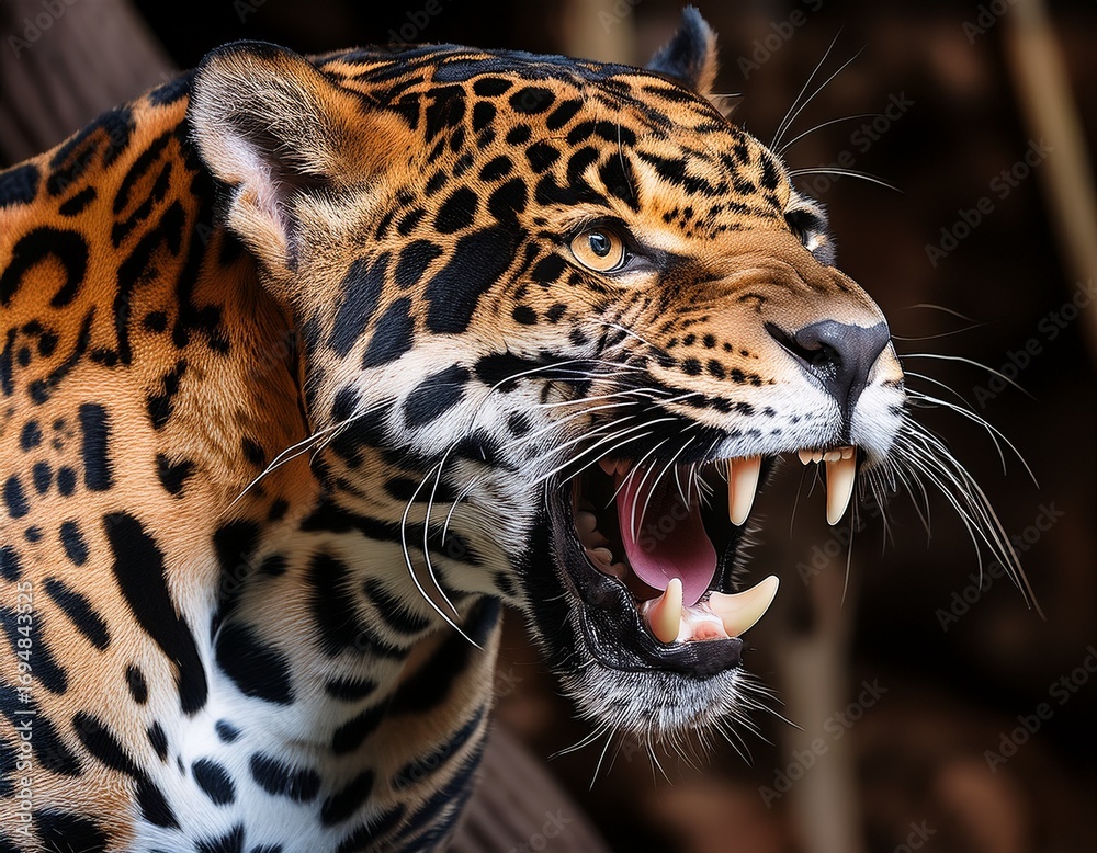 Obraz premium majestic jaguar roaring fiercely showcasing its powerful jaws and striking features intricate details of its fur and intense gaze evoke sense of awe and respect for this magnificent creature