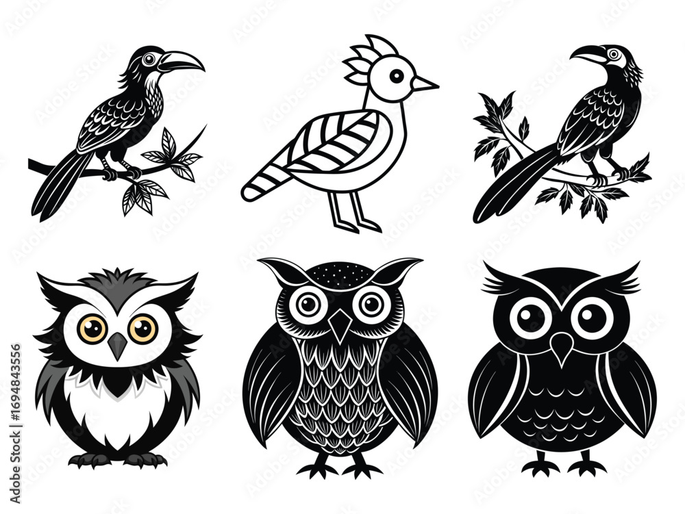 Fototapeta premium owl icon set line art silhouette vector illustration 
