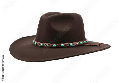 Isolated Australian brown slouch hat with turquoise bead detail against neutral backdrop