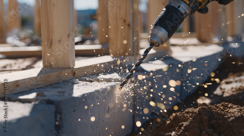 Power drill resting on cement blocks, bit angled toward ground, sparks of sunlight glinting on steel surfaces, unfinished framework rising behind
