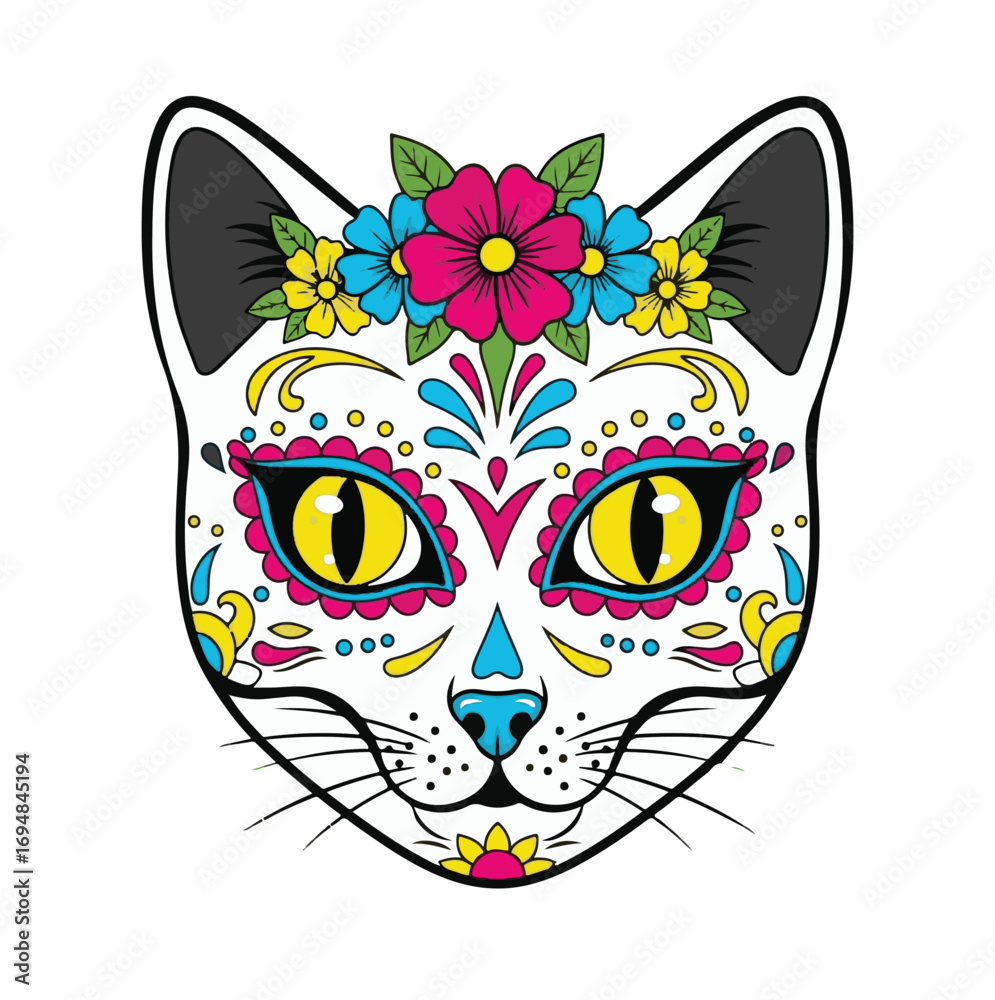Fototapeta premium Face of a cat with wings, vector of a colorful cat skull design, often associated with Day of the Dead celebrations. 