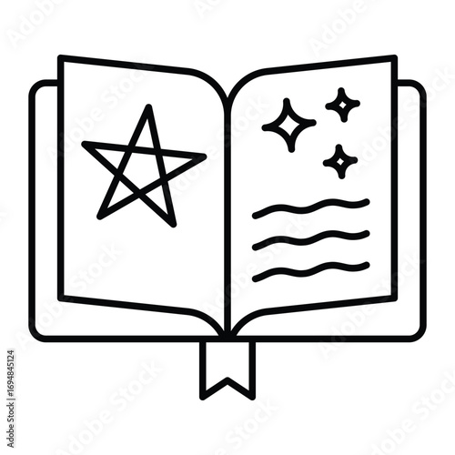Magic book with spells vector icon. Black line art of open witch grimoire with pentagram and stars. Halloween magic symbol for mystical design.