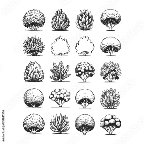 Black and white architectural blueprint illustration of 20 shrub and bush topiary designs with varied shapes and textures arranged in three rows