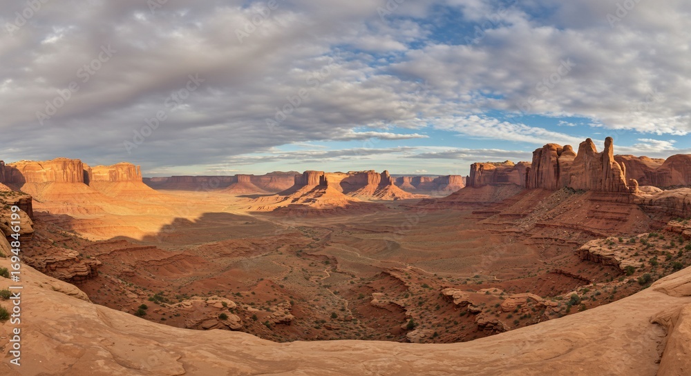 Fototapeta premium Expansive panorama of Monument Valleys sandstone buttes under a dynamic cloudy sky