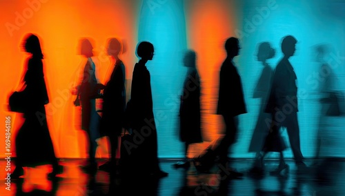 Silhouettes of people walking in a vibrant, blurred setting