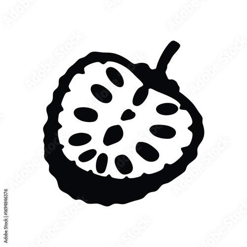Isolated soursop fruit vector illustration, tropical fruit drawing, annona muricata, graviola, black and white