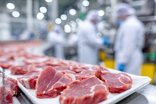 Freshly cut meat pieces on a tray in a modern food processing facility