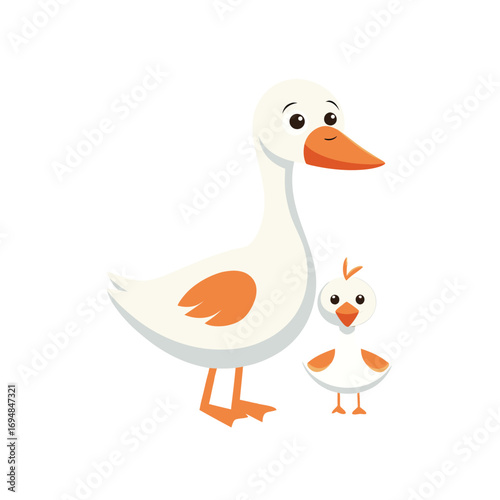 Vector of a cheerful cartoon illustration of a goose, White Goose, duck and ducklings.