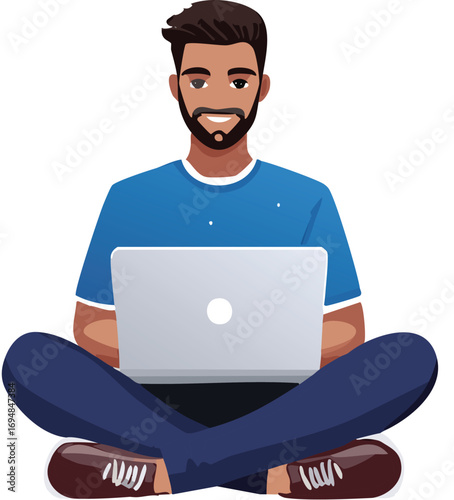 a guy working with his laptop, do not show face just a body figure, white background