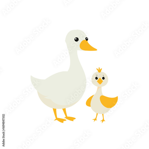 duck and ducklings, vector of a cheerful cartoon illustration of a goose, White Goose.